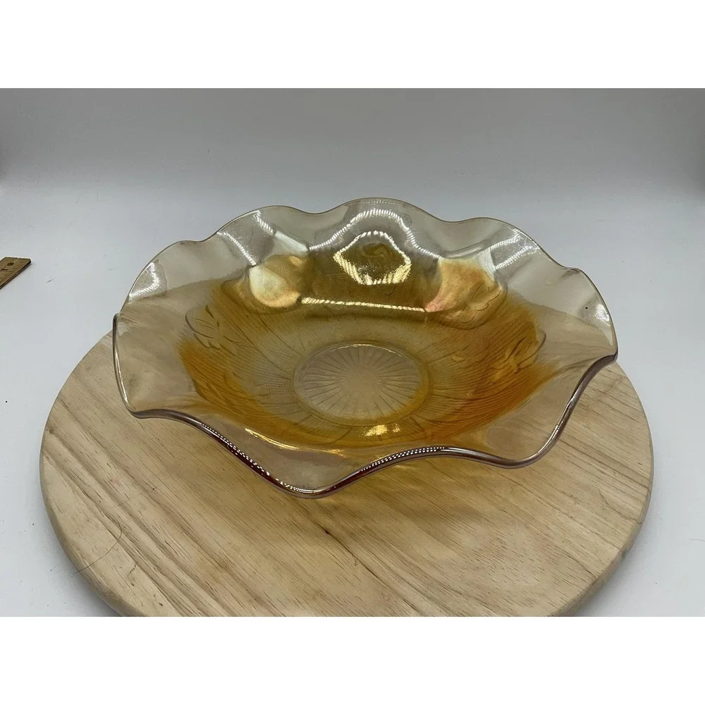 Vintage Amber Carnival Glass Serving Bowl Floral Ruffle Edge Gold Iridescent MCM